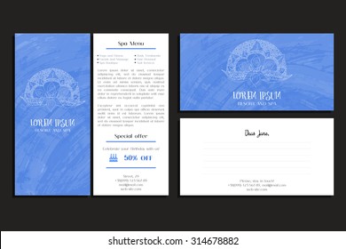 Set of corporate business brochure and greeting card for company, resort,yoga and spa. Zentangle background for marketing. Professionals identity elements. Floral doodle ornament. Vector illustration.