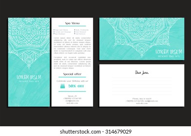 Set of corporate business brochure and greeting card for company, resort,yoga and spa. Zentangle background for marketing. Professionals identity elements. Half mandala ornament. Vector illustration.