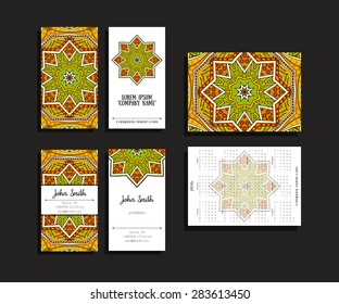 Set of corporate business cards and calendars 2016 for company with logo sample. Patterned zentangle background on marketing materials. Identity elements for professionals. Vector illustration.