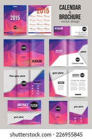 Set of corporate business stationery templates. Abstract brochure and 2015 calendar design. Modern back and front flyer backgrounds. Vector illustration.