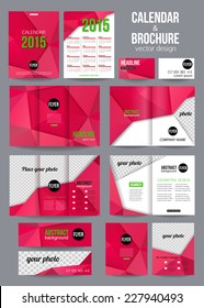 Set of corporate business stationery templates. Abstract brochure and 2015 calendar design. Modern back and front flyer backgrounds. Vector illustration.
