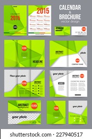 Set of corporate business stationery templates. Abstract brochure and 2015 calendar design. Modern back and front flyer backgrounds. Vector illustration.