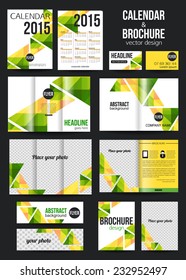 Set of corporate business stationery templates and calendar. Abstract brochure design. Modern back and front flyer backgrounds. Vector illustration.