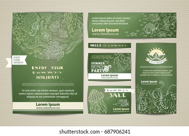 Set of corporate chalk sea life templates. Wild animals and plants on green blackboard background. A4 paper, business cards, banners. Octopus, turtle, fish, starfish, crab, shell, jellyfish, algae.