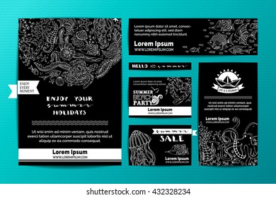 Set of corporate chalk sealife templates. Wild animals and plants on blackboard background. A4 paper, business cards, banners. Octopus, turtle, fish, starfish, crab, shell, jellyfish, seahorse, algae.