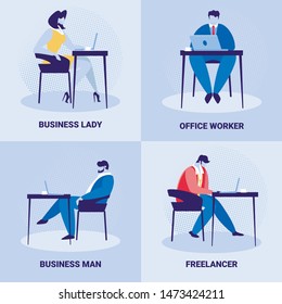 Set of Corporate Employees, Business Lady, Businessman, Office Worker, Freelancer. Confident People Sitting at Workplace Desk Working with Laptop, Job, Occupation, Cartoon Flat Vector Illustration