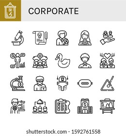 Set of corporate icons. Such as Logogram, Microscope, Letter, Human resources, Businesswoman, Team, Hr, Swan, Community, Office worker, P t, Triangle, Presentation , corporate icons