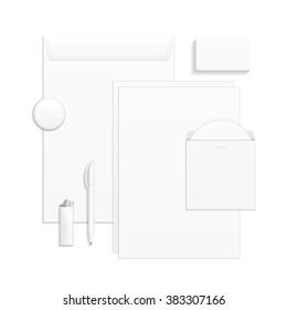Set Of Corporate Identity And Branding Stationery Templates. Business card, Pen, CD, Envelope, Notebook, Lighter, Icon. Illustration On White Background. Mock Up Template Ready For Your Design. Vector