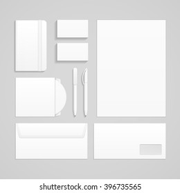 Set Of Corporate Identity And Branding Stationery Templates. Business card, Pen, CD, DVD, Envelope, Notebook. Illustration Isolated On Gray Background. Mock Up Template Ready For Your Design. Vector