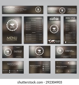 Set of corporate identity for the coffee shop, the campaign, cafe or restaurant. Design brochures, cards, flyers on blurred background.