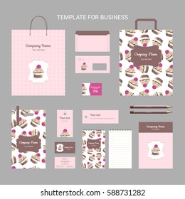 Set of corporate identity for confectionery, shop, cafe or restaurant, cake with cream and rose in brown wrapping with stripes and on pink background, vintage branding business template, vector