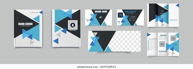 Set Corporate Identity Set Design Template. Modern editable template set for corporate branding including book covers brochure, and business cards with geometric shapes in black, white, and blue color