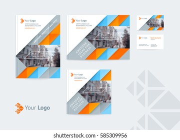 Set of corporate identity design template covers various sizes and a business card with a logo and a place for a photo. Vector illustration of dynamic shapes, arrows, and diagonals.