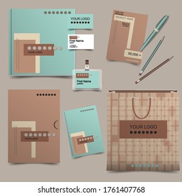 A set of corporate identity elements for the company's brand, POS materials, abstract geometric design of beige color, design of office accessories