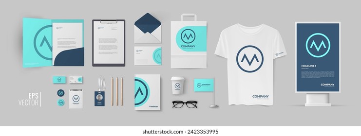 A set of corporate identity elements with a round logo in the shape of the letter M and a blue color scheme, a vector design template for a business card, folder, letterhead and envelope