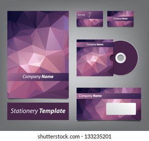 Set of corporate identity elements,modern stationery template with polygonal design / abstract geometrical background, business card, cd, sheet, envelope.
