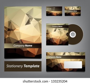 Set of corporate identity elements,modern stationery template with polygonal design / abstract geometrical background, business card, cd, sheet, envelope.