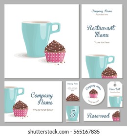 Set of corporate identity for a restaurant, cafe or confectionery, chocolate cake with cream in pink wrapper with polka dots and turquoise cup on a white background