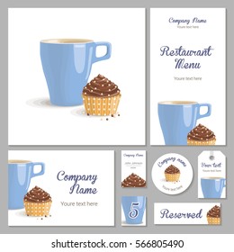 Set of corporate identity for a restaurant, cafe or confectionery, chocolate cake with cream in yellow wrapper with polka dots and blue cup on a white background