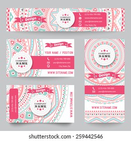 Set of corporate identity templates with doodles tribal theme. Vector illustration for pretty design. Ethnic vintage patterns. Pink, blue and white colors. Border, frame, icon elements.