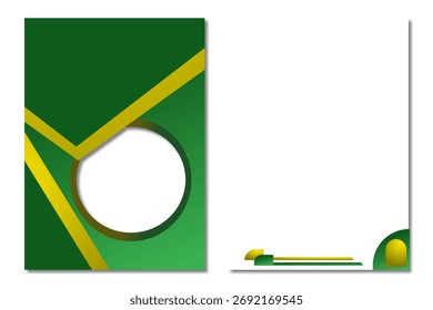 Un conjunto de Plantillas corporativas con un diseño abstracto verde y dorado. Incluye una cubierta de Vertical con un marco circular y un diseño de membrete Horizontal.