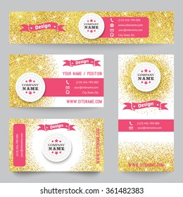 Set of corporate identity templates with golden theme. Vector illustration for pretty design. Ethnic gold vintage frame. Pink, yellow and white colors. Border, frame, icon elements.