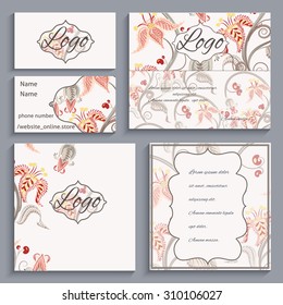 Set of corporate ornament identity, business cards, flyers, menu or catalog with frame Victorian style. It can be used to print design for restaurants. Vector illustration