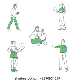 Set of corporate people man and woman line vector, business corporate company people using laptop and handphone vector line illustration set. Business man and women line vector illustration bundle.