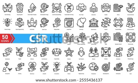 Set of corporate social responsibility web icons in line style. Containing ethics, sustainability, charity, community, giving, environment, impact, volunteer, donation, fairness