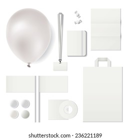 Set of corporate souvenirs.Identity templates. Ballon, badge, bag, small flag, cd, pocketbook isolated on white background. Vector illustration. . Vector illustration