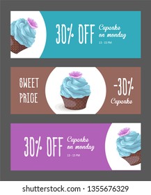 Set of corporate style with chocolate dessert. Template horizontal bright narrow banners for restaurant, cafe or pastry shop, sponge cake with cream on white napkin with place for text