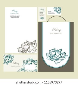 A set of corporate style elements based on the peony pattern. Package, letterhead, envelope business cards. Vector illustration
