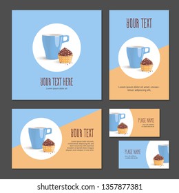 Set corporate style elements with dessert. Template cover brochure, booklet and business card for restaurant, cafe or pastry shop. Cup and chocolate cake in packing paper in polka dots on white circle