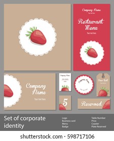 Set of corporate style elements with fruits, business template. Branding for a restaurant, cafe or pastry shop, strawberries on white napkin, on background of kraft paper