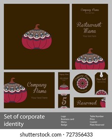 Set of corporate style elements with fruits, business template. Branding for a restaurant, cafe or pastry shop, strawberries on white napkin, on dark background