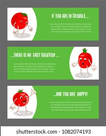 Set of corporate style elements with vegetable for branding. Template horizontal bright narrow banners for restaurant, cafe or farmer. Ripe emotional sad, surprised and joyful tomato. Vector