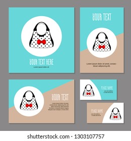 Set corporate style elements with womens accessories. Hand in polka dots bags are red, black and white with bow. Template cover brochure, booklet and business card. Vector illustration