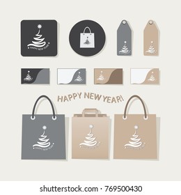 Set of corporate style templates with a sample of the New Year's logo. Business manuscript for a supermarket, bakery or cafe. A set of paper bags, cards, tags, business cards.