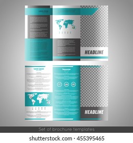 Set of corporate trifold brochure templates design. With world map infographic element and place for photo. 