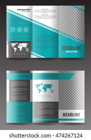 Set of corporate trifold brochure templates design. With world map infographic element and place for photo. Stock vector.