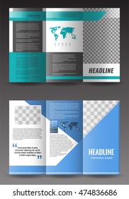 Set of corporate trifold brochure templates design. With world map infographic element and place for photo. Stock vector.