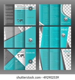 Set of corporate trifold brochure templates design. With world map infographic element and place for photo. Stock vector.
