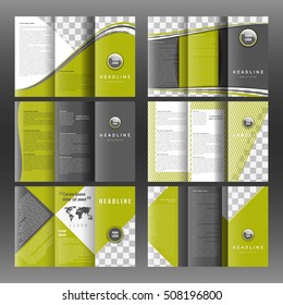Set of corporate trifold brochure templates design. With world map infographic element and place for photo. Stock vector.