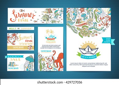 Set of corporate underwater ocean life templates. Vector hand-drawn elements. A4 paper, business cards, banners. Turtle, octopus, fish, starfish, crab, octopus, shell, jellyfish, seahorse, seaweed.