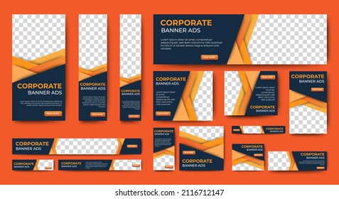 set of corporate web banners of standard size with a place for photos. Editable text. Vertical, horizontal and square template