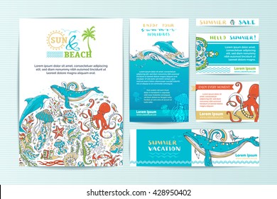 Set of corporate wild sealife templates. Vector cartoon elements. A4 paper, business cards, banners. Whale, dolphin, octopus, turtle, fish, starfish, crab, shell, jellyfish, octopus, seahorse, algae.