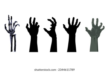 set corpse hands coming out of the ground or graveyard, horror and spooky concept. skull hand and zombie corpse hand silhouette