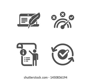 Set Of Correct Answer, Copyright Laptop And Manual Doc Icons. Approved Sign. Speed Symbol, Writer Device, Project Info. Refresh Symbol.  Classic Design Correct Answer Icon. Flat Design. Vector