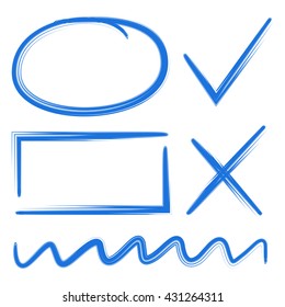 set of correction and highlight elements, circle markers, check marks