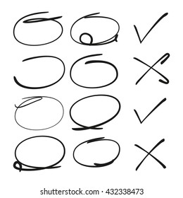 set of correction and highlight elements, circle markers, check marks